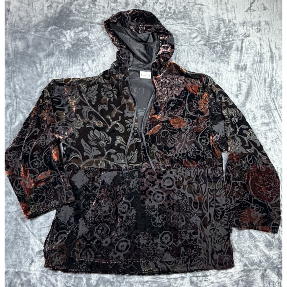 Chico's Silk Velvet Burnout Hooded Tunic Size 2 - Picture 4 of 10